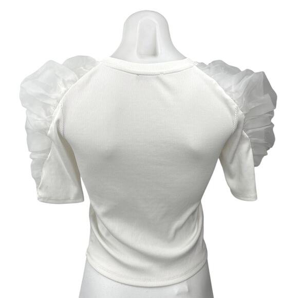 Zara Women's White Puff Sleeve Mesh Ruched Ribbed Knit Pullover Blouse Top Sz S - Picture 3 of 6